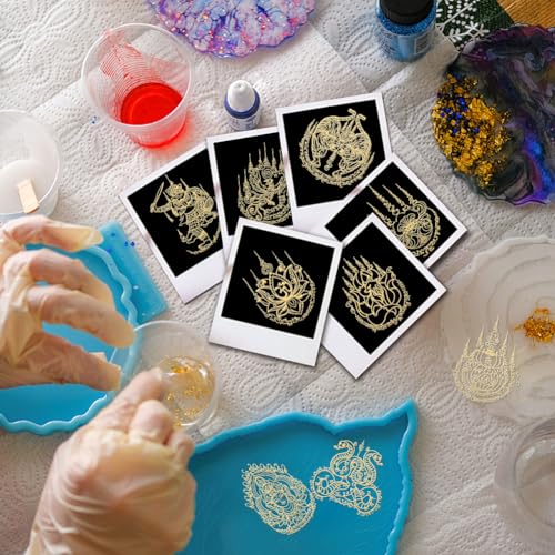 OLYCRAFT 9pcs 1.6x1.6 Inch Thai Sak Yant Gold Metal Stickers: Tiger, Nine-Tailed Fox, Scriptures for Scrapbooks, DIY Crafts, Phone Decoration