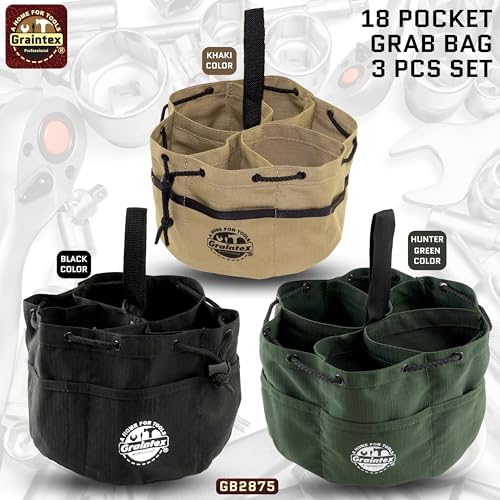 Graintex 18 Pocket Grab Bags Set of 3 Pcs Rip-Stop Canvas, Drawstring Closure, Small Parts Organizer Bag, Small Tools, Screws, Parts, Parachute Tool Bag, Parachute Tool Organizer for Essential Items