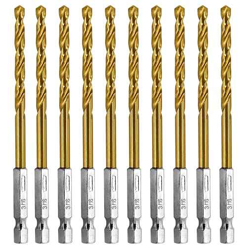 Titanium Twist Drill Bit Set- 3/16''(10PCS)£¬Titanium HSS Hex Shank Impact Drill Bit Set with High Speed Steel for Wood Plastic Aluminum Alloy, Quick Change