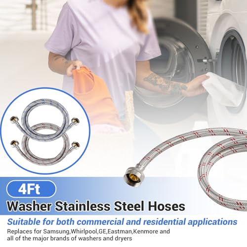 4 Ft Stainless Steel Washing Machine Hoses 2-Pack - Burst Proof Hot & Cold Water Supply, 3/4'' Standard Fit