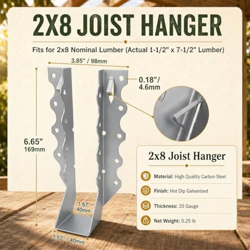 Silver 2in x 8in Galvanized Steel Joist Hangers - Pack of 20