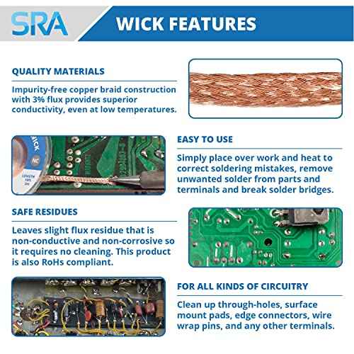 SRA Soldering Wick with Flat Woven Copper Desoldering Braid Strip and No Clean Flux for Easy Damage-Free Solder Removal - 3 Pack 10 Foot Solder Wick Spool