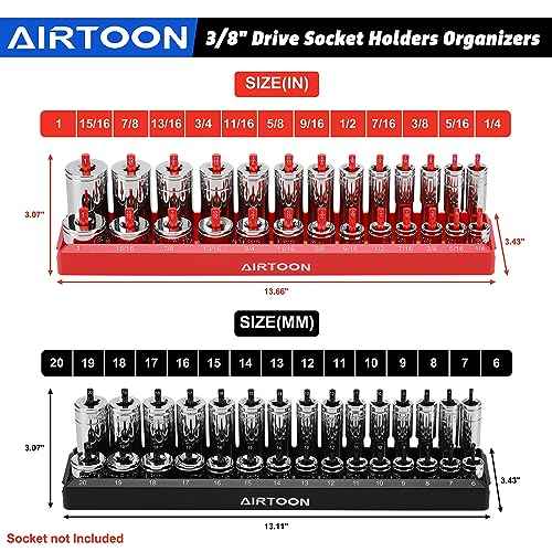 AIRTOON 8-Piece Socket Organizer Trays, SAE and Metric Socket Tray Set, 1/4", 3/8", and 1/2" Drive Deep and Standard Socket Holders Organizers for Toolbox, Black & Red