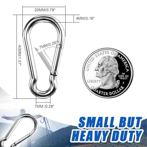 Small Carabiner Clip Hooks, 10pcs 1.57 inch Carabiners Heavy Duty, 304 Stainless Steel Spring Snap Hook Fits Camping Hiking, Metal Clips for Rope Chain Keychain Keys Rings
