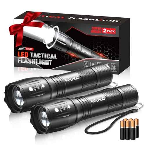 RECHOO LED Flashlight 2 Pack, Tactical Flashlights High Lumens with 3 Modes, Pocket Small Flash Light, Waterproof Zoomable Flashlights for Home Emergency, Camping Essentials (Battery Included)