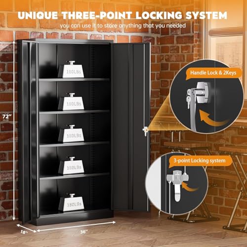Heavy-Duty Steel Storage Cabinet with Locking Doors, Adjustable Shelves, Black - 72 Inch