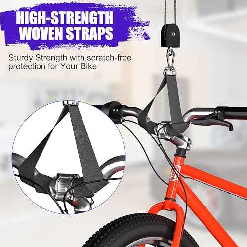 Bike Hoist, Heavy Duty Ebike Lift Pulley System for Garage Ceiling Overhead Storage for Bicycle, Ladders, Snowboard, Holds Up to 85 lbs Capacity, Fit 10-16 Foot High Ceilings
