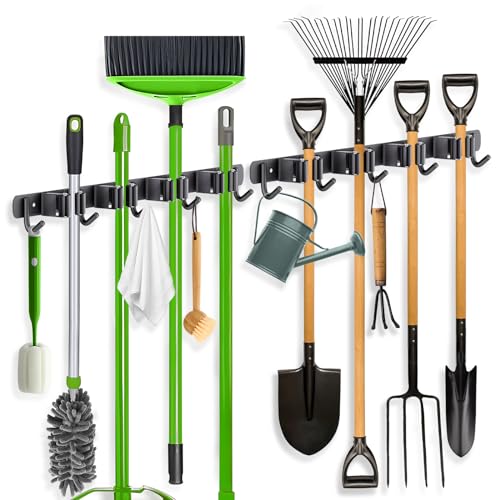 ZONGOOL 2 Pack Wall Mount Mop & Broom Holder with 4 Racks 5 Hooks, Rust-Resistant Stainless Steel, Black