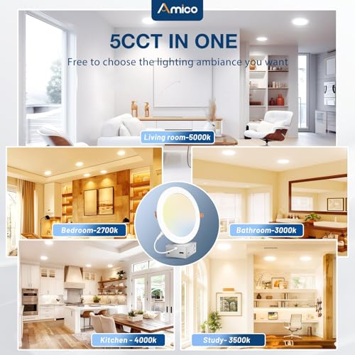 Amico 6 Pack 7 Inch Ultra-Thin LED Canless Recessed Ceiling Downlights - 5CCT