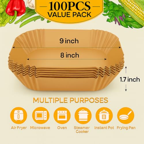 BYKITCHEN 9inch Disposable Square Air Fryer Liners 5-8 Qt (100pcs) for Ninja/Afave 7.9"