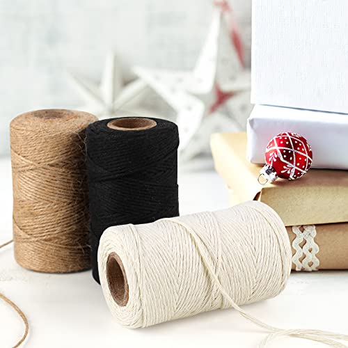 Joyberg Colorful 3 Rolls Twine String Kit - Natural Jute, Cotton & Black for Crafts & Gift Wrapping