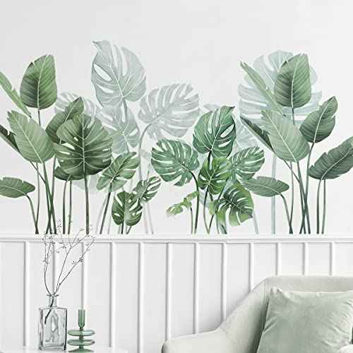 Tropical Plant Wall Decals, Potted Plants Leaf Wall Stickers Vinyl Peel and Stick Wallpaper for Bedroom Bathroom Nursery and Office