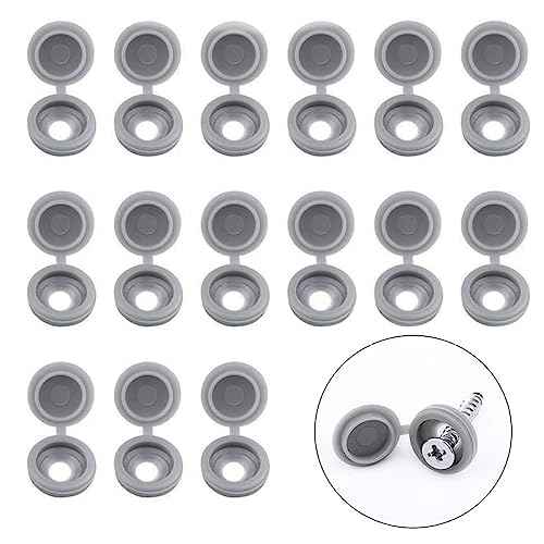 Screw Covers, 100pcs Gray Plastic Screw Cap Hinged Fold Over Caps Rubber Dust Washer Flip Tops with Storage Box (Gray)