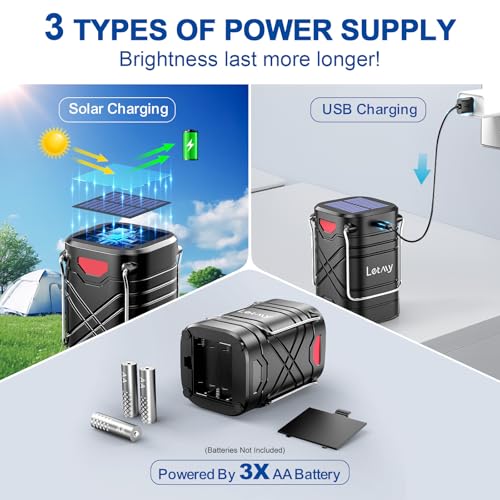 LETMY 4-Pack Camping Lanterns - Rechargeable Solar & USB Powered, Battery Backup, Waterproof, Emergency Outdoor Lights - Black
