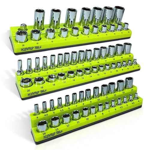Magnetic Socket Organizer - Metric Sizing - Pack of 3 - Socket Organizers for Tool Box Drawer - 1/4, 3/8, & 1/2 Drive Socket Holders - Socket Set Organizer - Socket Tray - Tool Box Socket Organizer