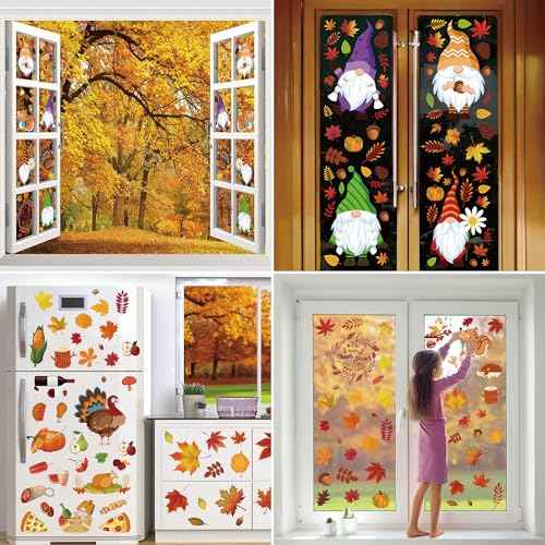 Pack of 159 Window Stickers Autumn, Maple Leaf Autumn Decoration Windows Self-Adhesive Stickers, Small Animals Pumpkin Turkey Window Fall Windows Stickers for Indoor Outdoor Glass Thanksgiving Autumn