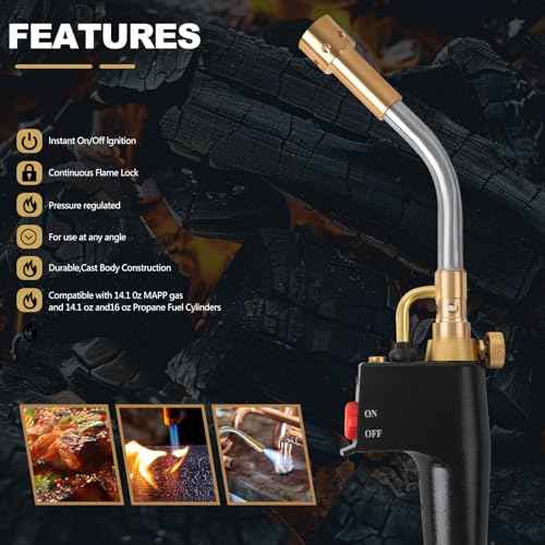 Propane Torch with 3 Tips, Instant on/off Ignition and Flame Lock. Continuous Swirl, Brush Flame for Soldering, Brazing, Woodworking and Cooking
