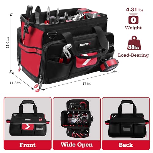 ARROW 17" Large Tool Bag with 36 Multipurpose Pockets, Tool Bags for Men Heavy Duty with Waterproof Hard Base, Reflective Band, Wide Open Mouth Toolbag for Electrician Mechanic Plumber HVAC