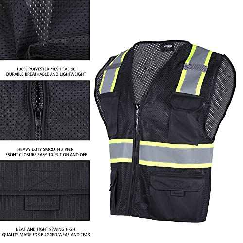 FONIRRA Safety Vest for Men High Visibility Reflective Construction Work Vest ANSI Class 2 with Pockets and Zipper(Black,XL)