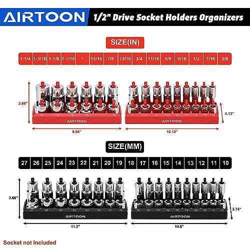 AIRTOON 8-Piece Socket Organizer Trays, SAE and Metric Socket Tray Set, 1/4", 3/8", and 1/2" Drive Deep and Standard Socket Holders Organizers for Toolbox, Black & Red