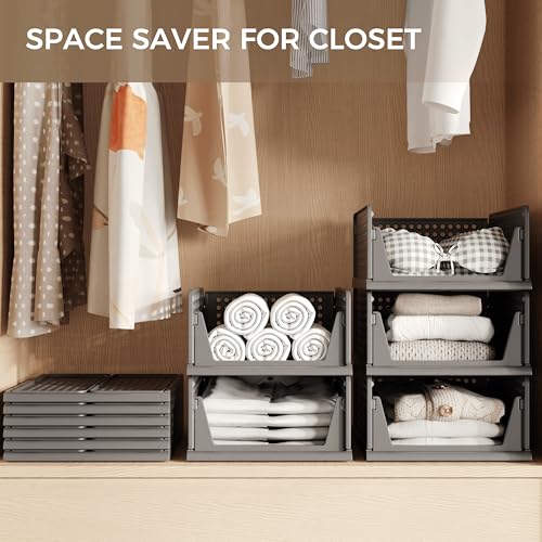Pinkpum Stackable Plastic Closet Storage Bins - Set of 6 Organizers for Wardrobe, Shoes, Toys