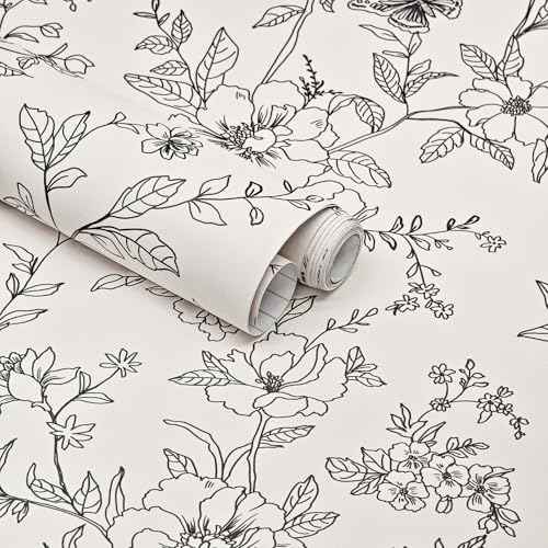 Black and Cream White Floral Wallpaper Peel and Stick Wallpaper Boho 17.3"¡¿78.8" Vintage Butterfly Flower Removable Self Adhesive Wall Paper for Bedroom Floral Contact Paper for Cabinets Mural Decor