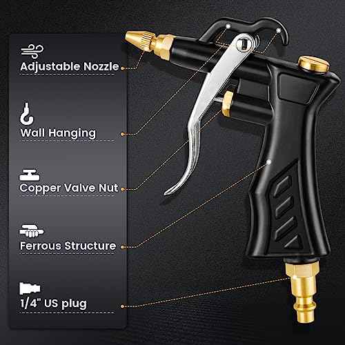 Industrial Air Blow Gun with Adjustable Brass Air Nozzle, Premium Air Blower Gun with 2 Pcs Steel Air Flow Extensions and 1/4" NPT Standard Quick Plug, Pneumatic Air Compressor Accessory Tool