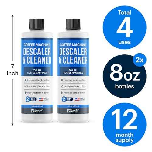 Essential Values Descaling Solution for Delonghi Keurig Breville Nespresso (4 Uses) - Coffee Machine Descaler Cleaner - Liquid To Descale Automatic Coffee Makers & Espresso Machines
