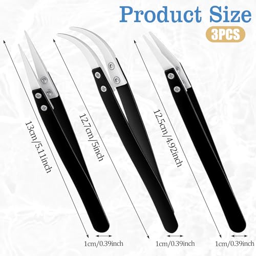 3 PCS Precision Reverse Ceramic Tweezers Set, Non Conductive Heat Resistant Anti Magnetic Electronics Soldering Tweezers, Pointed Curved Tips for Pinching Coils, Jewelry, Watch Repair, Black