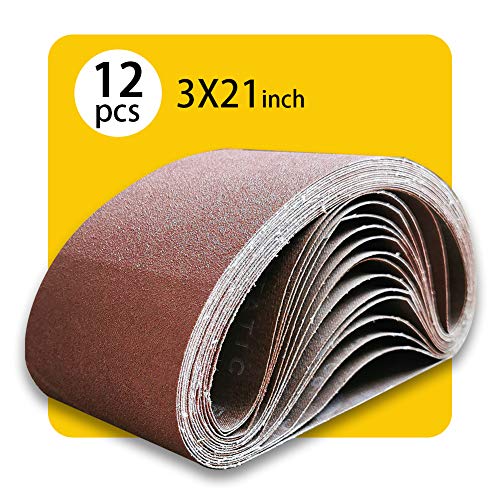 TPmax 3x21 Inch Sanding Belt Pack 12 Pcs for Wood Metal and Glass, 80-150 Grits