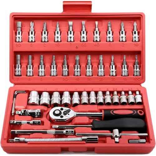 Egofine 46 Pieces 1/4 inch Drive Socket Ratchet Wrench Set, with Bit Socket Set Metric and Extension Bar for Auto Repairing and Household, with Storage Case