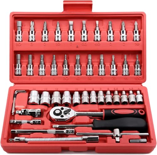 Egofine Red 46-Piece 1/4 Inch Drive Socket Wrench Set with Bit & Extension Bar