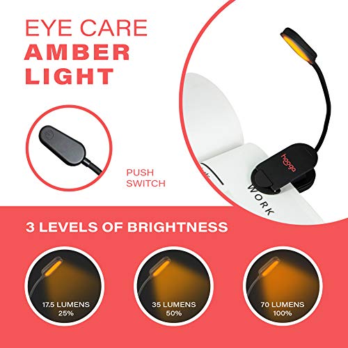 Hooga Amber Book Light - Rechargeable Clip-On Blue Light Blocking Reading Light, 1600K Warm Eye Care for Bed, Travel, Kids