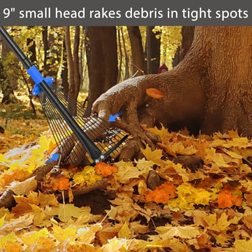 Heavy Duty Adjustable Metal Leaf Rake with Long Handle & Expandable Head for Gardening