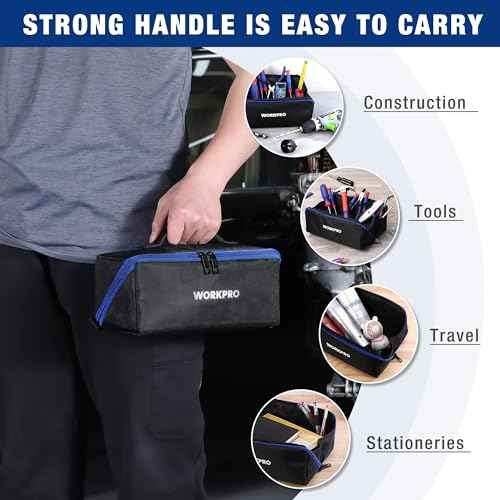 WORKPRO Tool Bag with Zipper, 10" Utility Wide Mouth Heavy Duty Tool Storage Bag, Multipurpose Zipper Tool Pouch Tote Bag for Organizer 3-pack