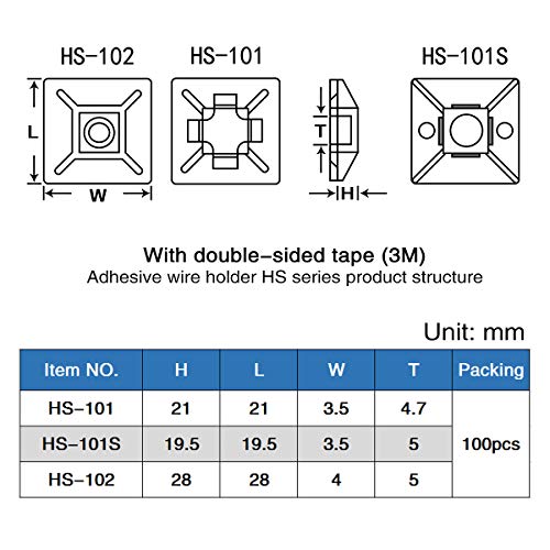 XHF 3/4-Inch Black Self-Adhesive Cable Tie Mounts - 100pcs Wire Clips for Organization