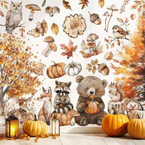 6 Sheet Fall Woodland Animal Wall Decals Autumn Forest Animal Maple Tree Mushroom Wall Cling Stickers Reusable for Thanksgiving Party Home Glass Window Decor