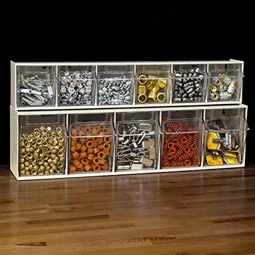 Akro-Mils TiltView Plastic Storage Cabinet with 6 Tilt Out Bins, Horizontal Plastic Parts Organizer, Teacher Toolbox, and Office Supply Organizer, 23-5/8" W x 3-1/2" H x 3-3/4" D, Stone