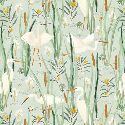 Ismoon Green Peel and Stick Wallpaper Boho Nursery Wall Paper Crane Egret Light Green Contact Paper Vinyl Removable Wallpaper for Cabinets Shelf 16.1x78.7in