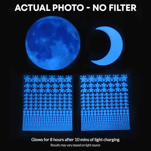 LUMOSX Space Blue Glow in the Dark Star Ceiling Decals Set - 600 Pcs with Moon & E-Book