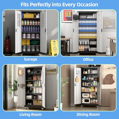 Heavy-Duty 71x32x16 in Metal Garage Storage Cabinet on Wheels with Pegboards, 5 Adjustable Shelves