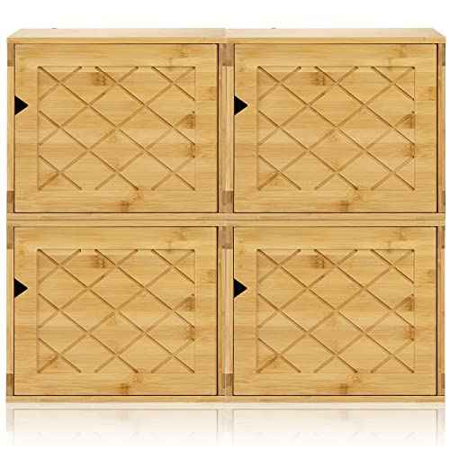 Fasmov Cube Storage Organizer, Bamboo Cube Bookshelf, Stackable Connect Storage Cube Cubby Organizer with Door, Stackable Cubes Bin for Bedroom, Home and Office
