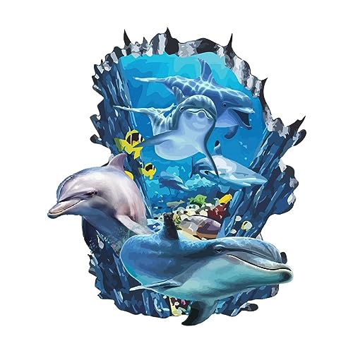 PLIGREAT 3D Broken Wall Undersea Ocean World Dolphins Wall Stickers, Removable Vinyl Peel and Stick Walls Decals for Teens Bedroom Dorm Room Home Decoration Beach House Apartment Indoor Art Decor