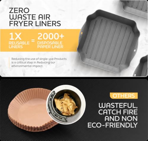 ZIP STANDING 8.5” Silicone Air Fryer Liners Set of 4 for 5-8QT – Reusable, With Handles & Drain Holes