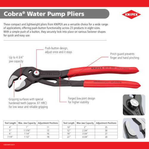 KNIPEX 87 01 125 5-Inch Cobra Water Pump Pliers, Adjustable, Locking, Hardened Teeth