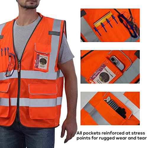 Neopelta Reflective Safety Vest Orange Mesh, High Visibility Vest with Pockets and Zipper, Padded Neck, Construction Work Vest ANSI Class 2, Orange L