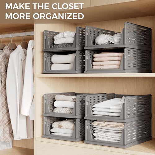 Pinkpum Stackable Plastic Closet Storage Bins - Set of 6 Organizers for Wardrobe, Shoes, Toys