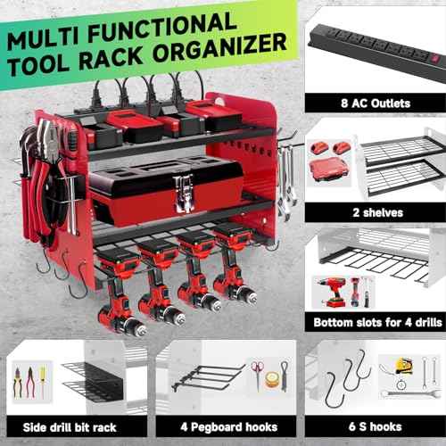 Garden Power Tool Organizer, Heavy Duty Tools Storage Rack Wall Mount with Charging Station, 3 Layers Yard Tool Shelf Drill Holder for Ryobi Tools - Ideal for Garage, Workshop