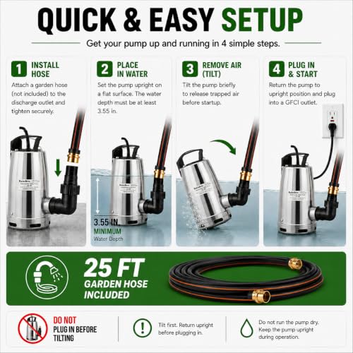 RainBro 1/2 HP Submersible Sump Pump 2300 GPH with Hose, Portable Water Drainage