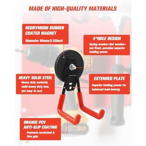 Magnets Garage Storage Hooks 4 Pack - Orange Magnet Hooks for Hanging Tools, Garage Organization, Secure Metal Cabinet & Steel Surfaces
